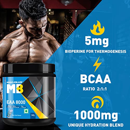 Image of MuscleBlaze EAA 8000 Powder (Blue Cola, 340g, 25 Servings) | 8000mg EAAs Blend, 1000mg Hydration Blend | 750mg L-Citrulline