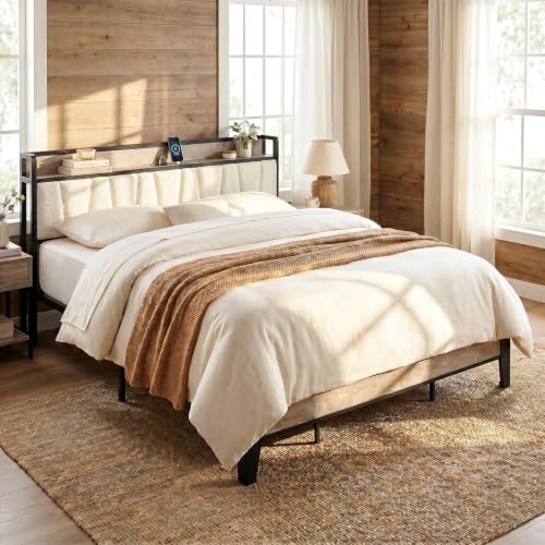 Image of LIKIMIO California King Bed Frames, Boucle Storage Headboard with Charging Station, Solid and Stable, Noise Free, No Box Spring Needed, Easy Assembly