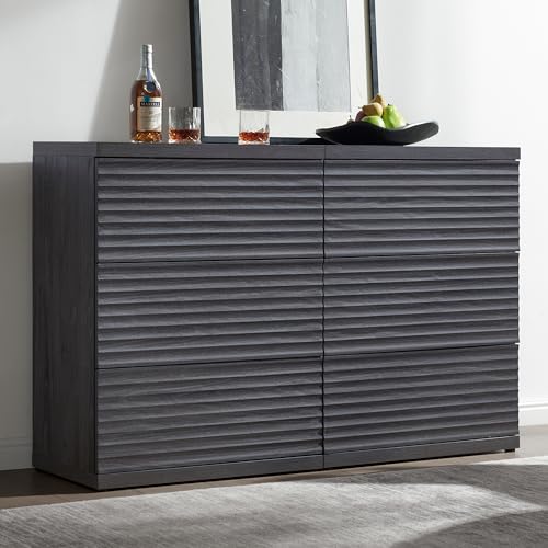 Image of SICOTAS Fluted Sideboard Buffet Cabinet with Storage, Modern Credenza Storage Cabinet with 3 Larger Drawers, 2-Piece Media Console Mid Century Coffee Bar Table for Entryway Kitchen, Dark Grey Alder