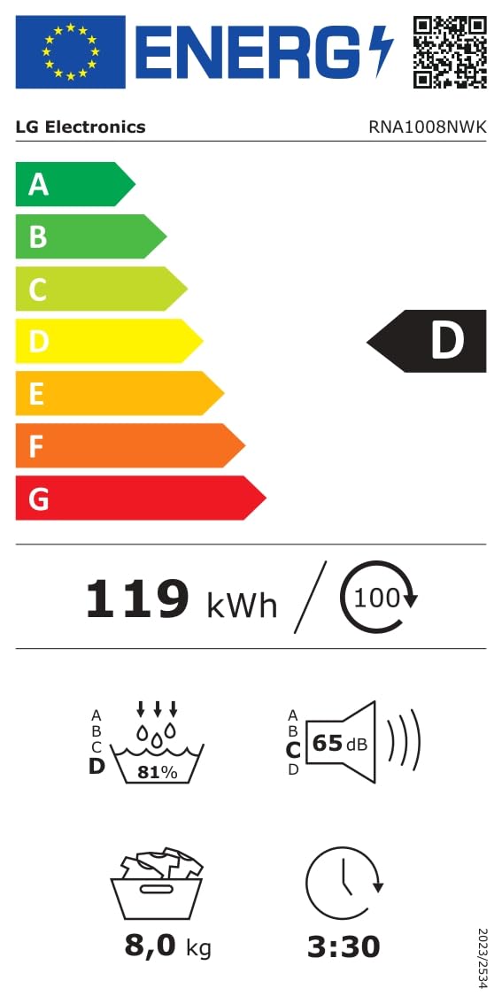 LG RNA1008NWK Asciugatrice Pompa di Calore 8 kg, Classe D, Asciugatura Delicata a Bassa Temperatura con Sensore, Serie A1, 8 Programmi, Cestello in Acciaio Galvanizzato, Bianco