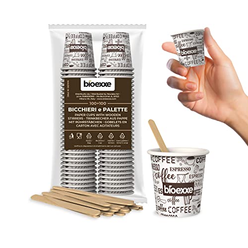 bioexxe Kit complet 100 tasses à café en papier 75 ml + 100 palettes de café jetables écologiques biodégradables et jetables Tasses à expresso jetables durables (blanc) Cover