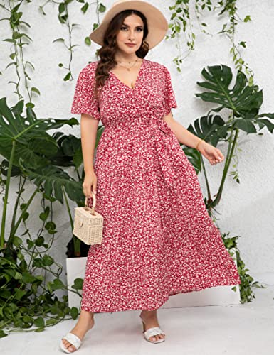 Image of ShopWonder Womens Plus Size V Neck Wrap Maxi Dress High Waist Ruffle Summer Casual Dress with Belt
