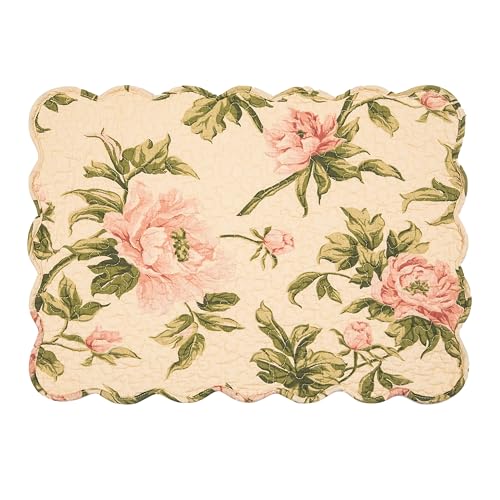 Image of C&F Home Journee Reversible Scalloped Quilted Vintage Floral Flower Themed Dining Tabletop Placemats Set of 6 All Seasons Spring Summer Home Kitchen Dinner Table Decor Decoration Pink & Cream
