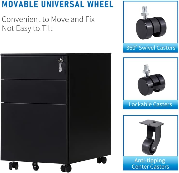 Miniatura 6 de Archivador móvil de 3 cajones con cerradura, archivador de almacenamiento de oficina para tamaño legalcarta, archivador de metal premontado excepto
