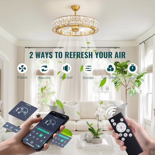 Image of Siljoy Gold Fandelier Ceiling Fan with Light, 31.5'' Modern Crystal Chandelier Ceiling Fans with Lights Remote Control, Large Mid Century Dimmable Fandelier 6 Speeds for Living Room Bedroom Nursery