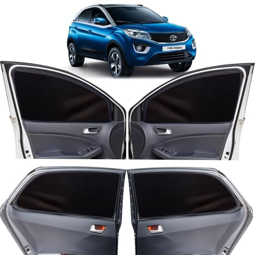 Image of OTO2EYE Car Sun Shade Compatible for Tata Nexon Model 2017 to 2023, Z-Black Super Magnetic Grip, Front Window Zipper, Side Window Curtains, 4 Pieces Set