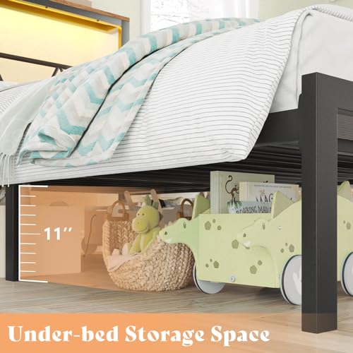 AMERLIFE Twin Metal Bed Frame with Headboard, LED Light, and Underbed Storage, Black