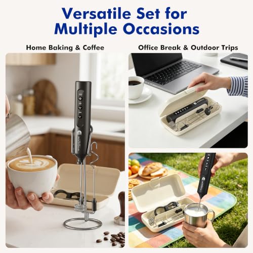 Image of Rechargeable Milk Frother with Stand, 4 Interchangeable Whisks & Travel Case - Handheld Mixer for Lattes, Matcha, Hot Chocolate, Eggs & Protein Shakes