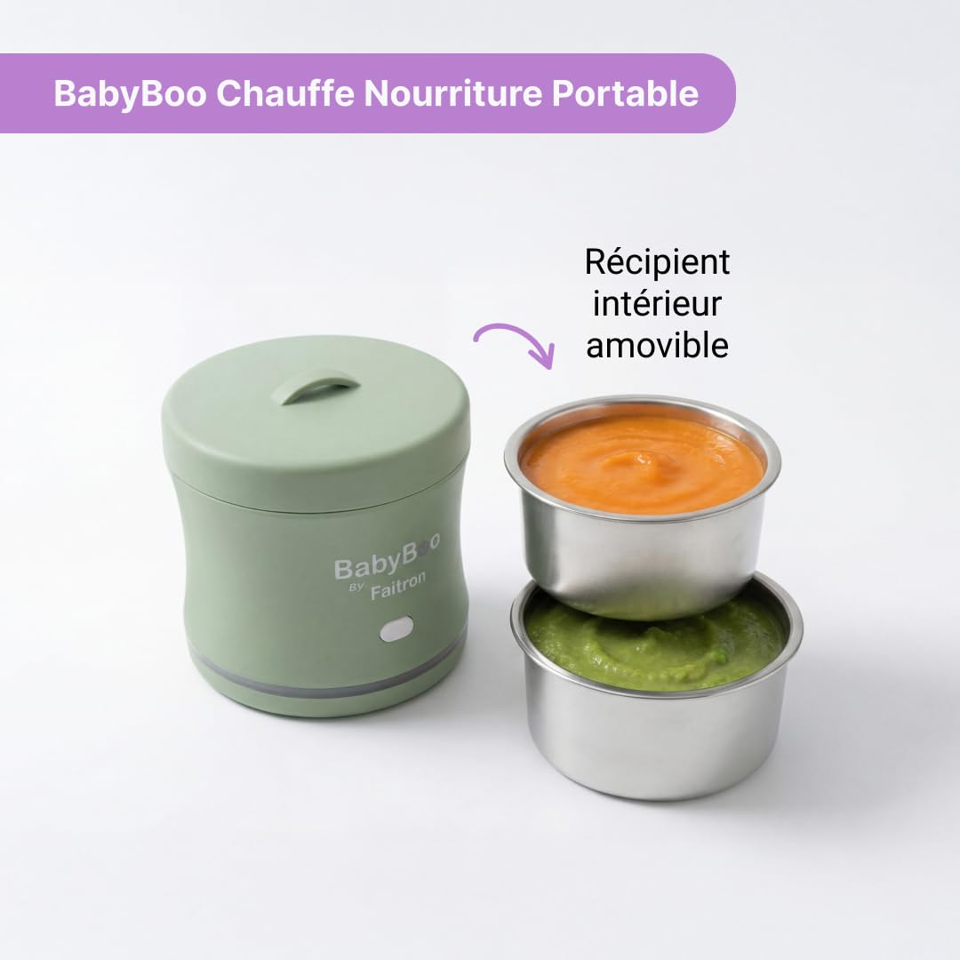 BabyBoo Chauffe-nourriture portable – Chauffe nourriture pour bébés avec batterie, contrôle via application, chauffage rapide 70 W, anneau LED, jusqu'à 45 °C, bac amovible, USB-C