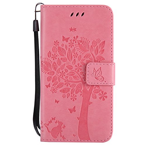 Coque Galaxy J3 2017/J330 [Avec Protecteur d'écran en Verre Trempé],Fatcatparadise(Série de chat et d'arbre) Rétro emboss Premium Flip Housse Etui PU Cuir pour Samsung Galaxy J3 2017/J330(Rose clair)