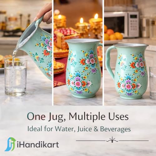 Image of iHandikart Handpainted Stainless Steel Water Jug | Mint Green Floral Steel Pitcher for Water, Juice & Milk | Decorative Serving Jug for Kitchen, Dining & Home Decor | 8 x 6 Inch