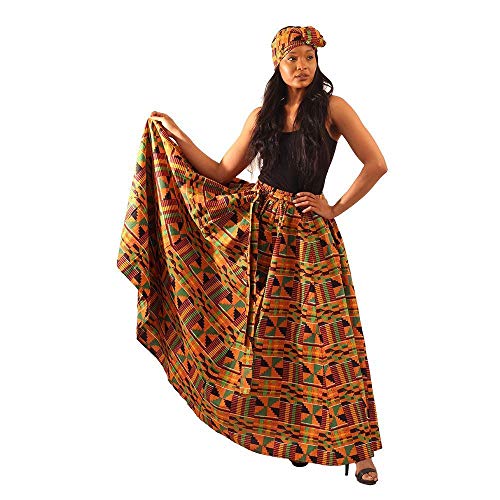 Falda larga africana tradicional Kente tipo #2 con cintura elástica, Amarillo negro y verde, Talla única Cover