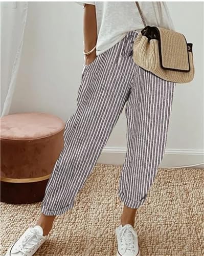 Women Striped Print Pants Drawing Waist Pants Vintage Lounge Pants Trendy Trousers with Pockets2
