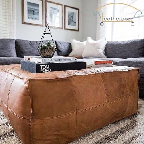 LEATHEROOZE Amazing Square unstuffed Ottoman Pouffe Moroccan Leather, Ottoman Square Pouf, Light tan Handmade Footstool Square pouffe Moroccan (40*40*18 inch)