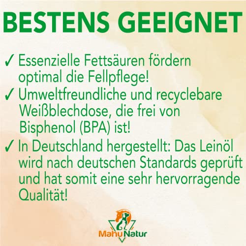 Mahu Natur Leinöl Für Hunde 1 Liter - Barföl Nativ Mit Omega 3 & 6 Fettsäuren - Leinöl Pferde, Hunde & Katzen Natürlicher Futterzusatz Zum Barfen - 1000ml Leinsamenöl In Recyclebarer Dose