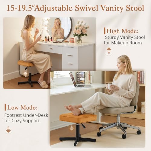 Image of LUE BONA Adjustable Vanity Stool, 15''-19.5'' Foot Rest Under Desk, 360 Swivel Vanity Chair for Makeup Room, Ginger Yellow Upholstered Suede Ottoman for Bathroom & Living Room, 300lbs