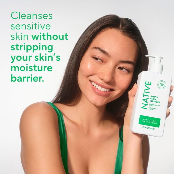 Native Gentle Facial Cleanser for sensitive skin, Fragrance Free, Sulfate Free, with Vitamin B3 and Aloe, Dermatologist Tested, 12.5 oz with Travolle Dispenser Pump