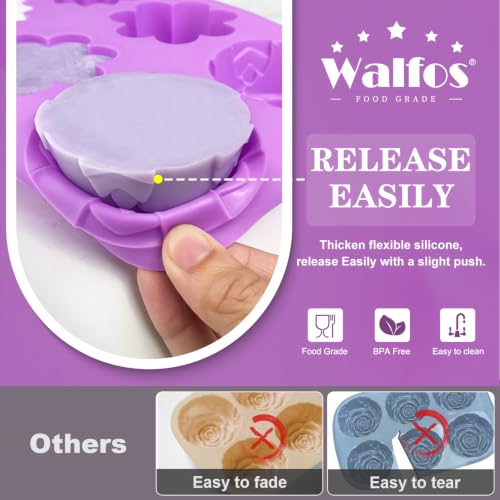 Image of Walfos Silicone Flower Soap Mold,6 Cavities Different Flower Shapes Soap mold BPA Free.Perfect for Homemade Craft Soap,Ice,Mousse,Cake,Jelly,Chocolate.(2pcs Purple)