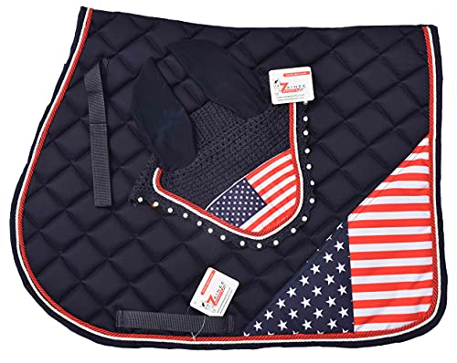Zainee Sports USA Flag All Purpose English Saddle Pad with Matching Fly Bonnet – Handmade Jumping Saddle Pad Set (Horse/Full)