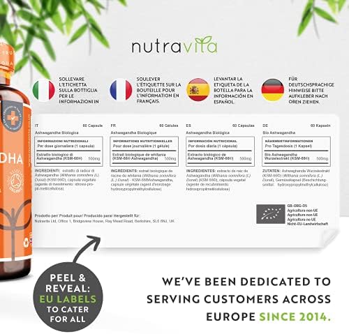 Organic Ashwagandha KSM-66® with 5% Withanolides - Vegan Friendly with The Highest Concentration Most Bioavailable Full-Spectrum Root Powder - Made in The UK by Nutravita