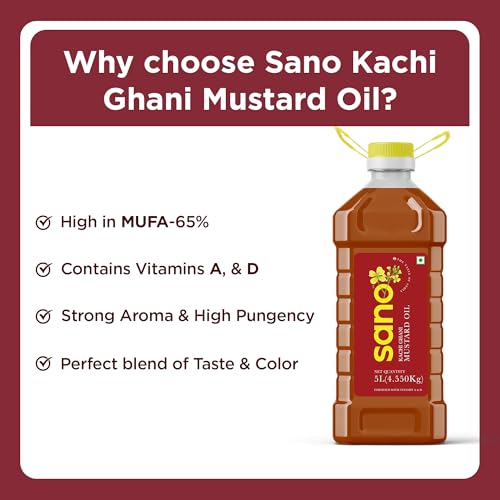 Image of SANO Kachi Ghani Mustard Oil 5 Ltr | High in Monounsaturated Fats (MUFA) | Vitamin A and D Fortified Oil | Cholesterol and Trans Fat Free | Ideal for Frying, Roasting, Tempering, and Pickling | Indian Cooking