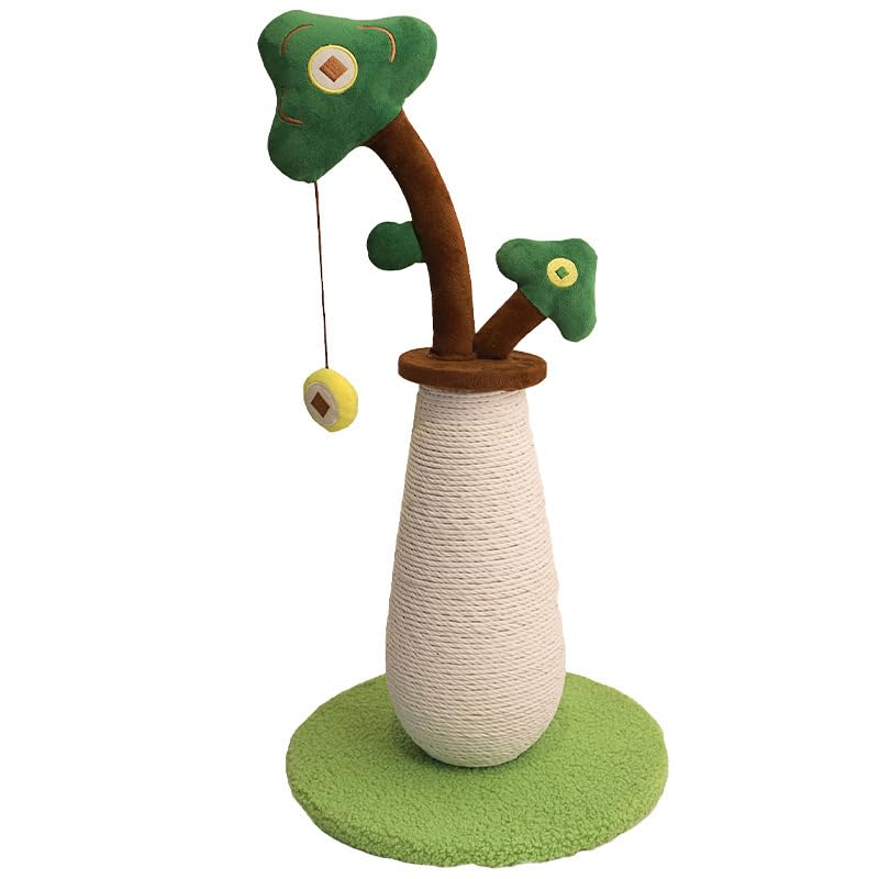 Árbol rascador para gatos con diseño de plantas de dinero, base de cuerda de sisal, verde y marrón
