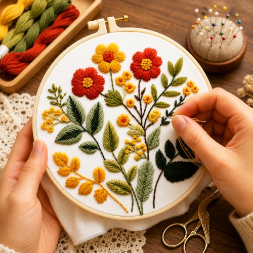 Image of Zhenqing Floral Embroidery Kit for Beginners, Wildflower Botanical Needlework Kit with Pre-Printed Cotton Fabric, Hoop, Threads & Tools, Flower Wall Decor (C0126)