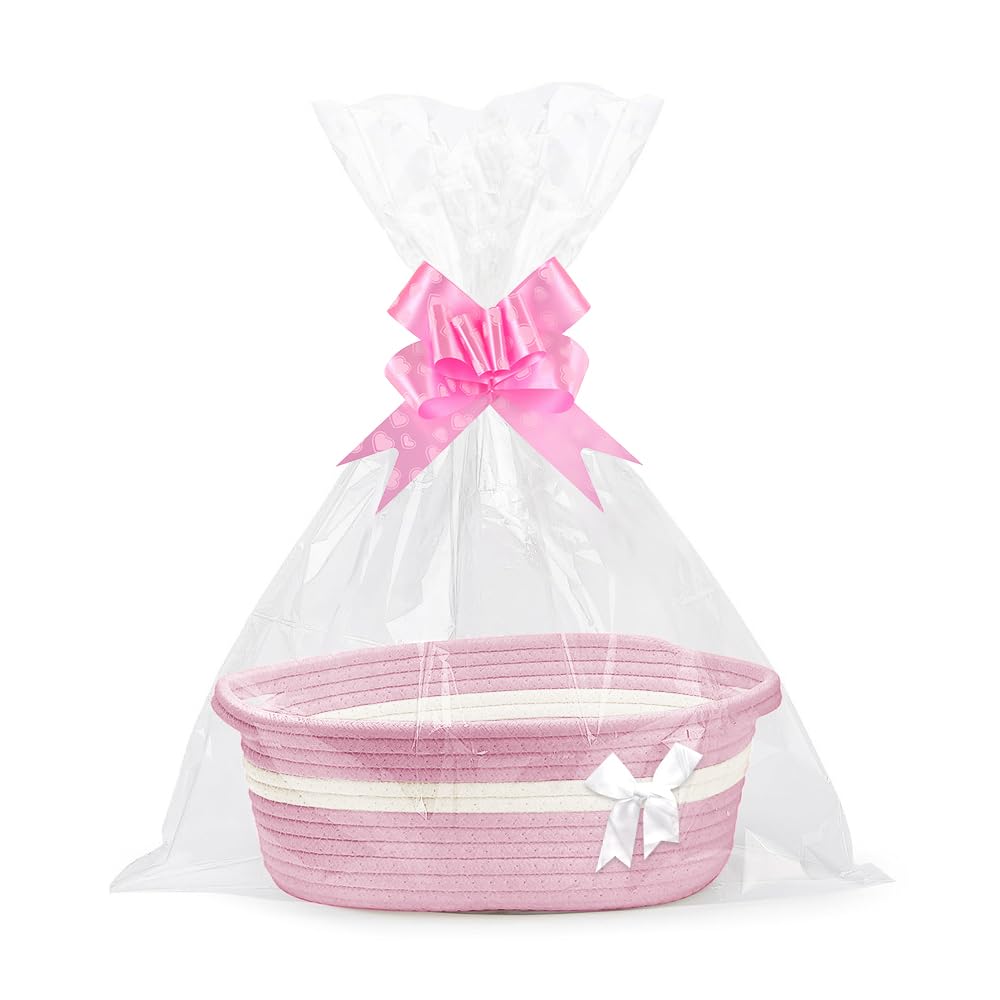 Lotvic Gift Basket, Hamper Kit, Empty Hamper Basket with Cellophane Bags and Pull Bows, Rope Gift Baskets with Handles, Woven Gift Baskets for Baby Shower, Wedding, Birthday, Housewarming (Pink)