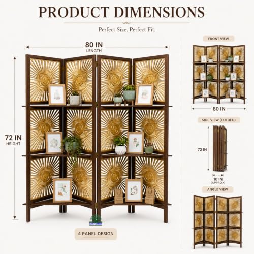 Image of Elegant Wooden Room Divider Screen with Shelves | Foldable 4 Panel Privacy Partition Wall Featuring Golden Sunburst Art Design for Home, Living Room & Workspace