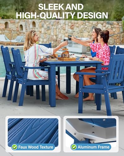 Image of YEFU HIPS Patio Table Set: 5 Piece Outdoor Table and Chairs Dining Furniture Set with Umbrella Hole - Blue Modern Plastic Dining Sets 4 Person for Outside Deck with Metal Aluminum Frame