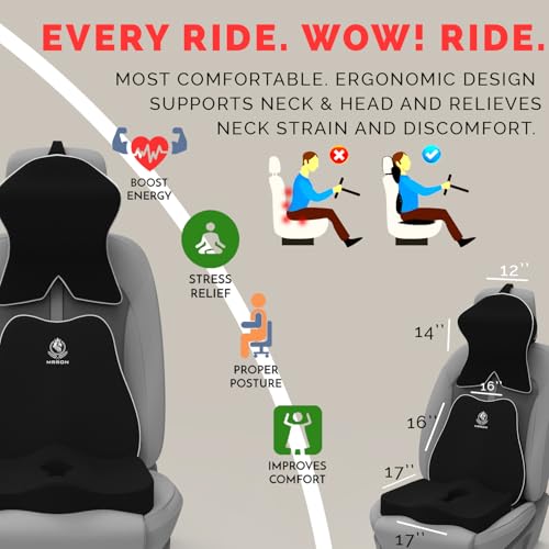 Image of MRRON Memory Foam Posture Corrector Car Seat Cushions Combo | Orthopedic Backrest, Coccyx Cushion & Neckrest | Ergonomic Lumbar Comfort Seat Cushion | Reduces Sciatica (Black, Slim backrest)