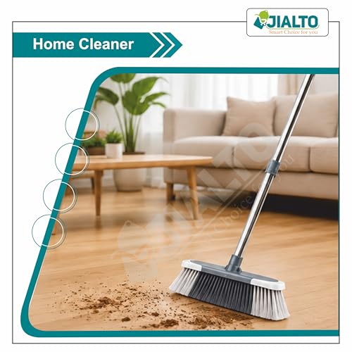 Image of JIALTO Floor Cleaning Broom with Long Stainless Steel Handle, Soft Dense Bristles, Adjustable Extendable Rod, Multipurpose Sweeping Brush for Home, Kitchen, Bathroom & Outdoor Cleaning