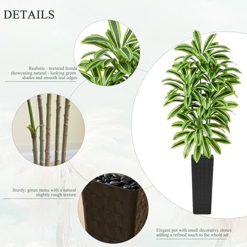 Image of Artificial Yellow Dracaena Tree Indoor, 7FT Tall Fake Floor Plants with Black Planter & Pebbles, Faux Silk Yucca Tree for Home Office Living Room Bedroom Farmhouse Modern Outdoor Topiary Tree