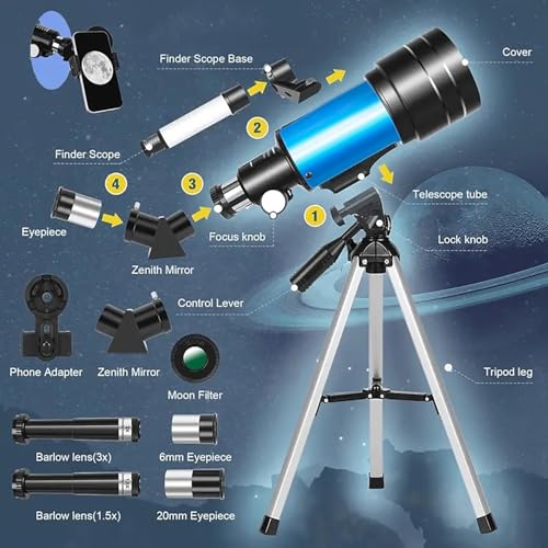 Image of Astronomical Astronomical Telescope 15-150X High-Powered,Portable with 300mm Focal Lens 70mm Aperture (Tripod, Phone Adapter, and Wireless Remote) Ideal for Stargazing and Space Exploration (Blue)