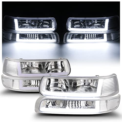 M-AUTO Set of 4 Headlights Assembly w/LED DRL Strip Compatible with 99 00 01 02 Chevy Silverado 1500HD 2500HD 3500HD / 00-06 Suburban 1500 2500 Tahoe 2/4-Door