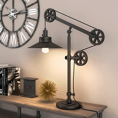 Henn&Hart 29" Tall Wide Brim/Pulley System Table Lamp With Metal Shade In Blackened Bronze/Blackened Bronze, Laptop Desk, Computer Desk, Home Office #TOP3