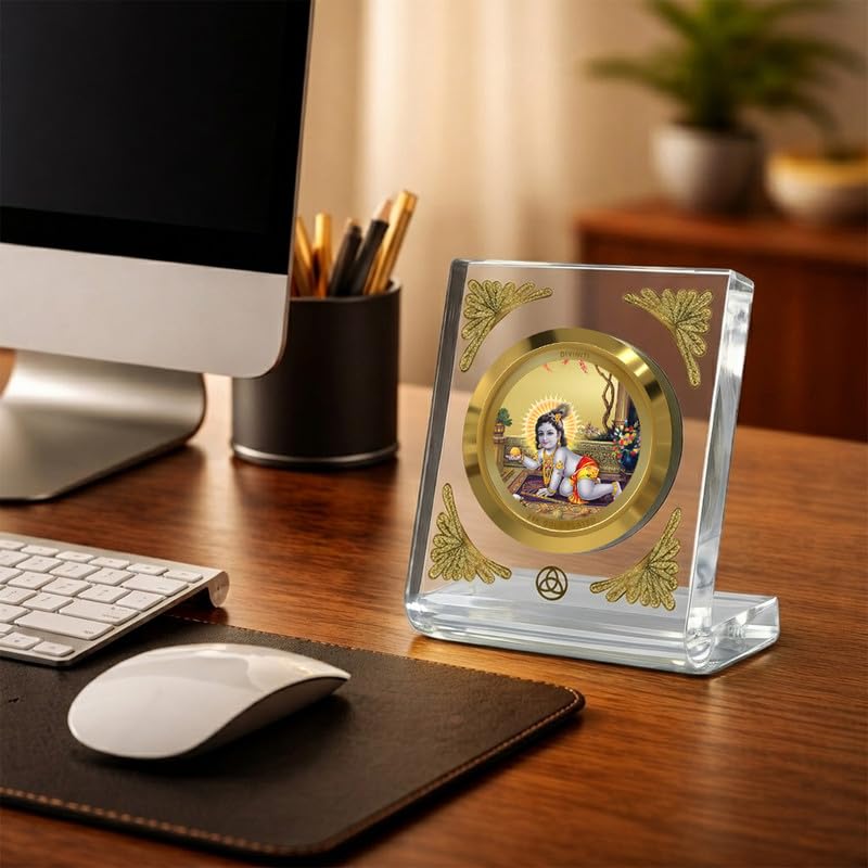 Image of DIVINITI 24K Gold Plated Lord Laddu Gopal Acrylic Frame for Car Dashboard, Home Temple & Office Table | Premium Spiritual Gift, Blessings for Protection & Positivity, 8x7 cm Decorative Showpiece