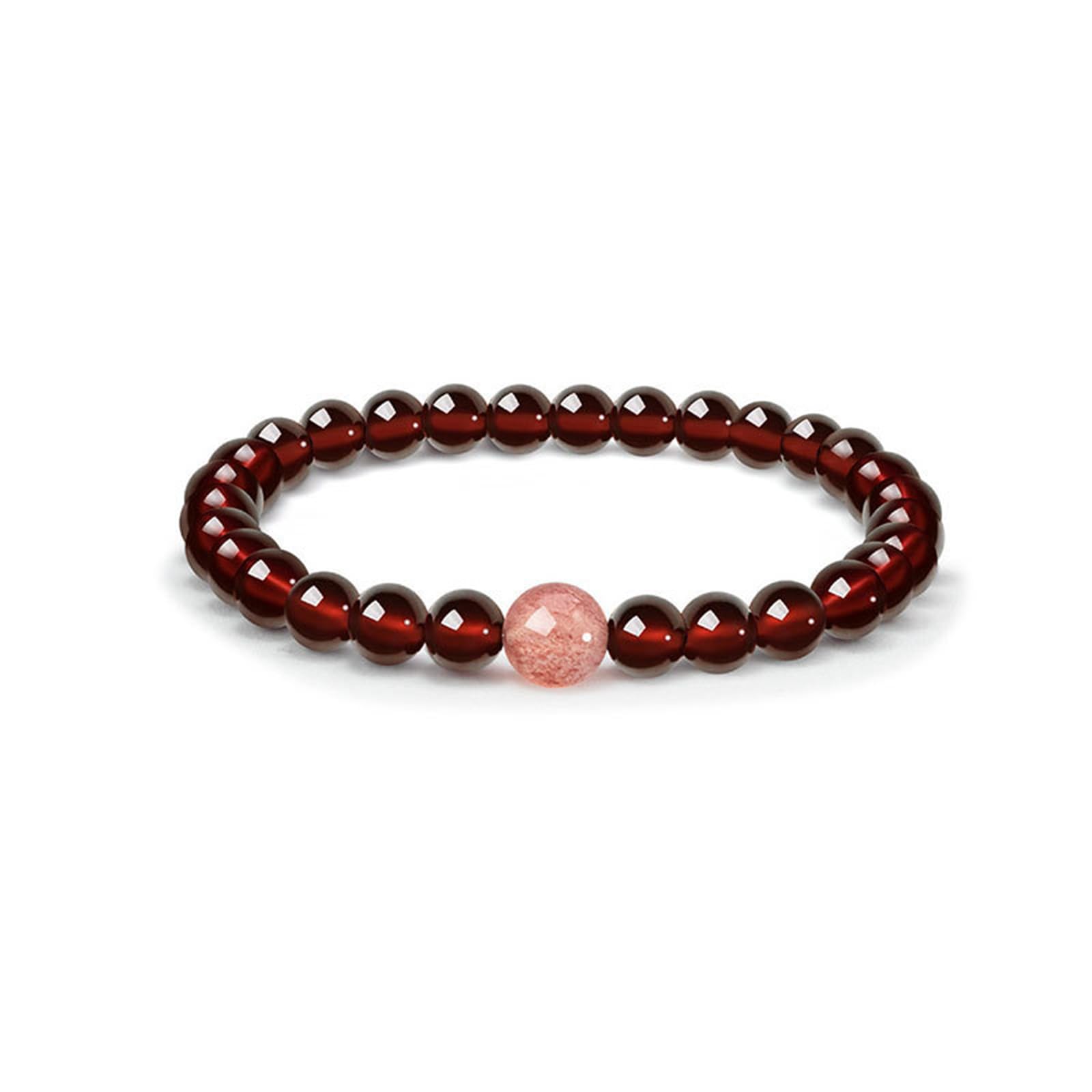 Bracciale Elastico a Giro Singolo in Granato Rosso Naturale (5 mm) | Gioielli di guarigione energetica di messa a terra, braccialetto unisex con perlina di accento di cristallo rosa fragola