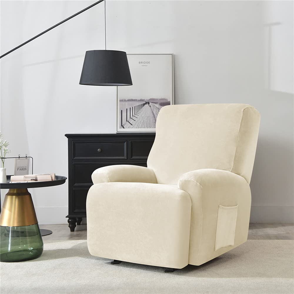 Highdi Housse de Fauteuil Relax Doux Velours Extensible, 4 Pièce Housse de Canapé Antidérapante avec Poche Latérale, Protege de Meubles Lavable pour 1 Places Fauteuil Inclinable (Beige)