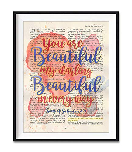 You are beautiful my darling - Song of Solomon 4:7 Christian ART PRINT, UNFRAMED, Vintage Bible verse scripture -abstract watercolor wedding shower wall poster gift, 8x10 inches