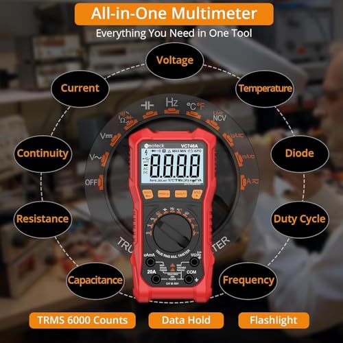 Image of Neoteck 6000 Counts Digital Multimeter for DC AC Voltage /Current TRMS Voltmeter with Test Probe Auto Range Multimeter with NCV Live for Temperature Capacitance Resistance Diode Continuity Red