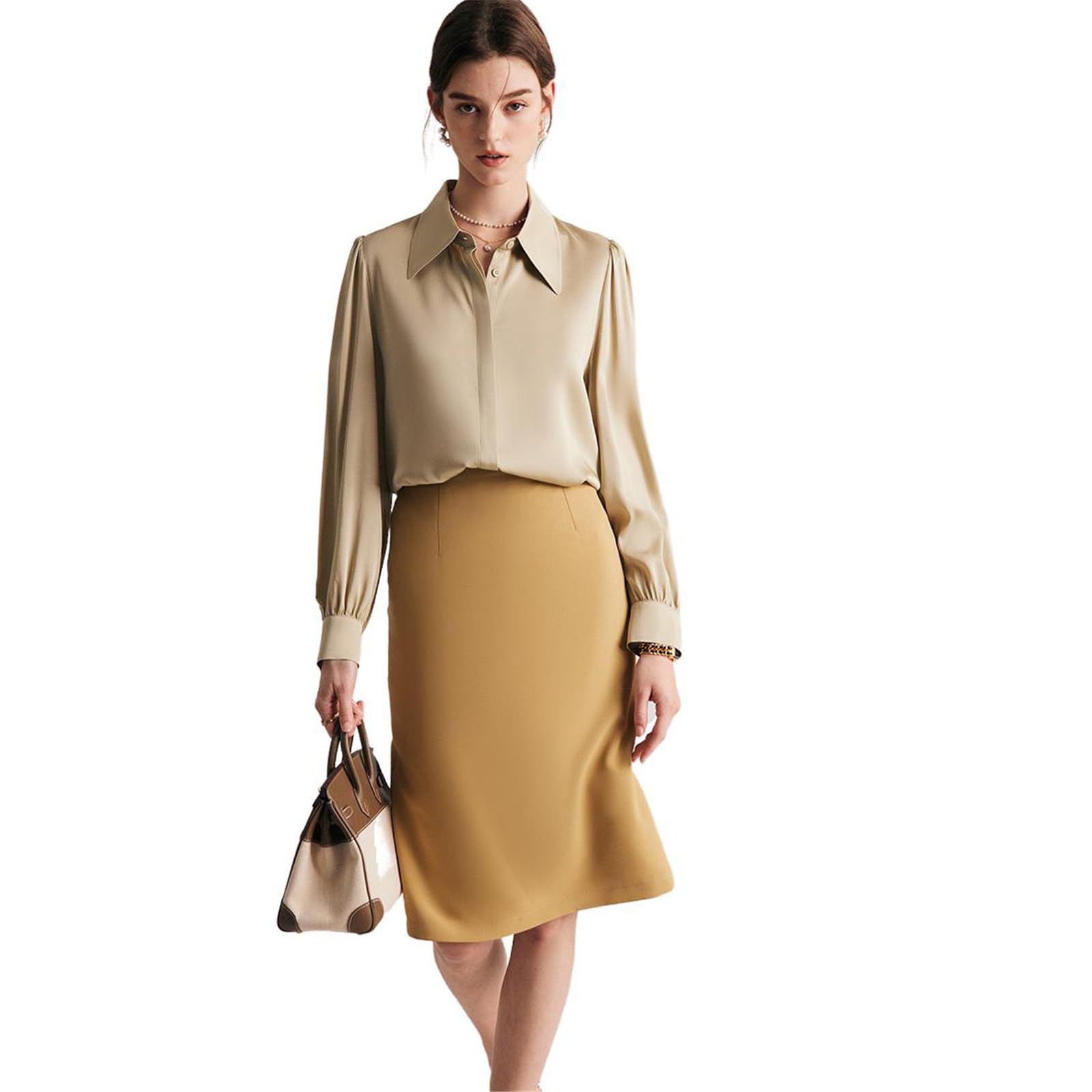 Camisa de Seda Color Crema con Botones para Mujer