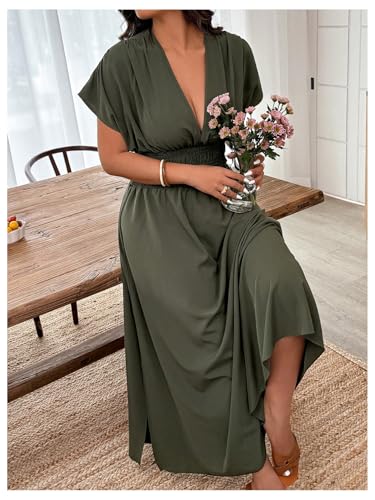 SOLY HUX Women's Plus Size Deep V Neck Maxi Dress Short Sleeve Split Hem Flowy Summer Dresses3