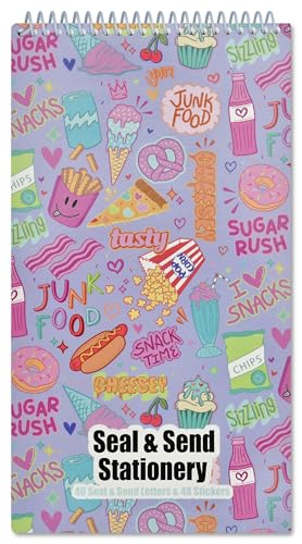 Image of iscream + Corey Paige Designs Fold and Send Girls Stationery - Candy Yum | 40 Pack, Fun Print, Spiral Bound, Large 10.5 inch x 5.75 inch Cards, Coordinating Sticker Sheets, Fold and Send, Summer Camp Ready