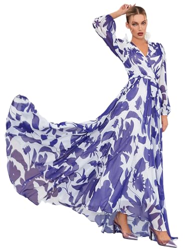 Image of TOLEEN Summer Casual Dresses for Women 2024 Spring Fashion Boho V Neck Long Sleeve Ruffle Floral Print Elegant Maxi Dress