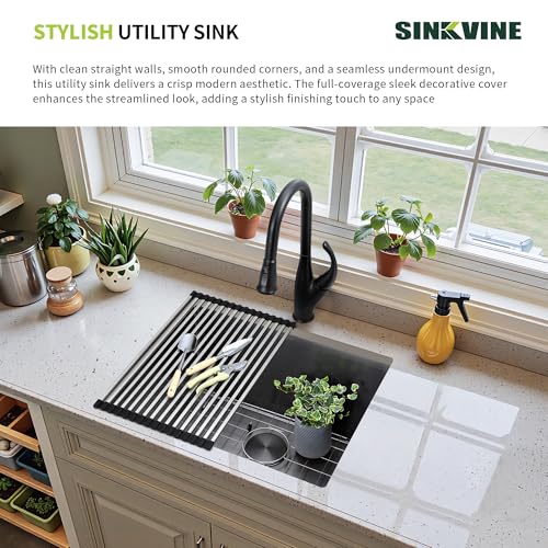 Image of 24-inch Black Undermount Laundry Utility Sink, Stainless Steel | 24x18x12 Extra Deep Single Bowl for Laundry, Garage and Outdoor Kitchen with Grid, Strainer and Drying Rack, Nano PVD Finish