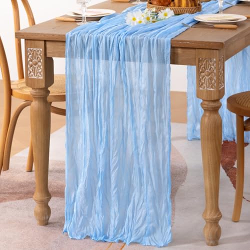 Image of MLMC 6 Pack Baby Blue Cheesecloth Table Runner Baby Blue Table Runner 10ft Sheer Rustic Cheese Cloth Baby Shower Decorations 65x120 Inches for Birthday Gender Reveal Baby Shower Wedding Decor