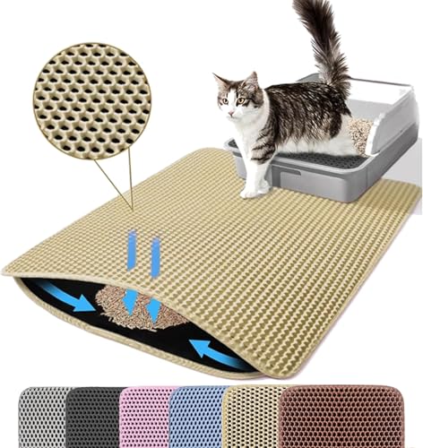 Petinstinct Tapis pour Litière de Chat, 60x45 cm Grand Tapis à Double Couche en Nid d’Abeille pour Piéger la Litière, Tapis de Bac à Litière Antidérapant Imperméable et Anti-Urine pour Sol, Beige