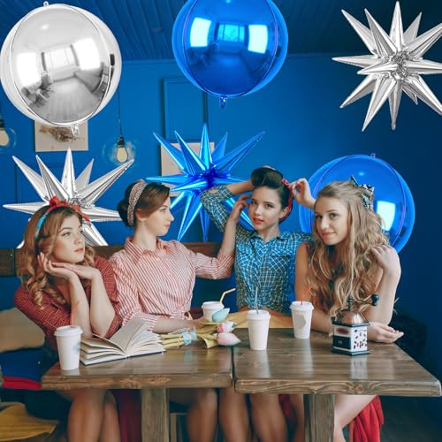 Image of 6pcs 22 inch Blue Silver Star Balloons and 4D Large Foil Balloons, Silver Dark Blue Star Balloon 4D Foil Aluminum Balloon For Birthday Baby Shower Graduation Father's Day Party Wedding Anniversary