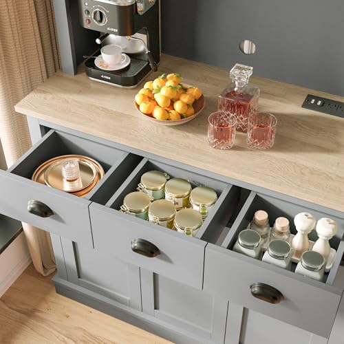 Image of MU 71 inch Kitchen Pantry Cabinet with Charging Station, Tall Pantry Hutch with Drawers, Countertop & Microwave Shelf, Food Storage Cabinet for Dining Room & Coffee Bar, Grey